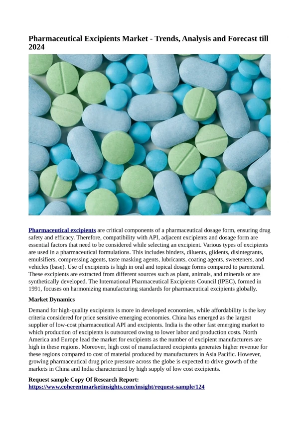 Pharmaceutical Excipients Market - Trends, Analysis and Forecast till 2024