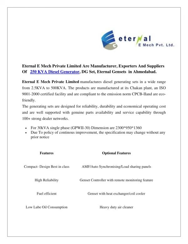 250 KVA Diesel Generator, DG Set, Eternal Gensets | Eternal E Mech Private Limited