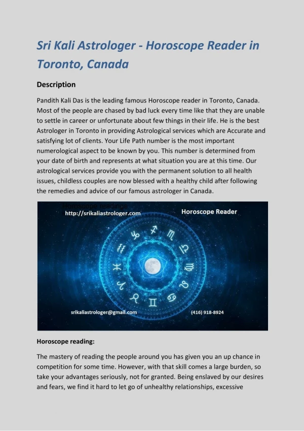 Sri Kali Astrologer - Horoscope Reader in Toronto, Canada
