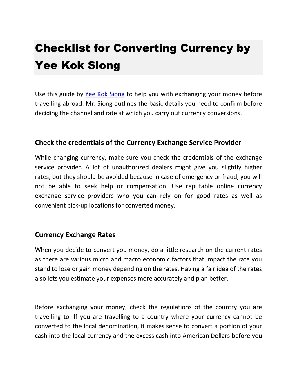 checklist for converting currency by yee kok siong