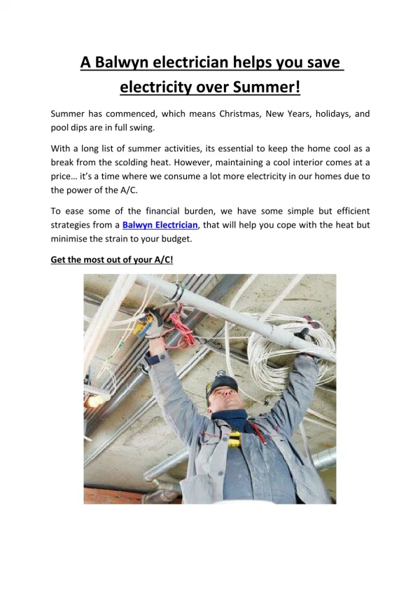 A Balwyn electrician helps you save electricity over Summer!