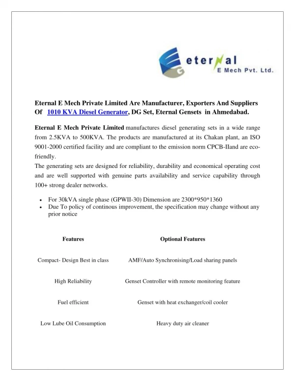 1010 KVA Diesel Generator, DG Set, Eternal Gensets | Eternal E Mech Private Limited