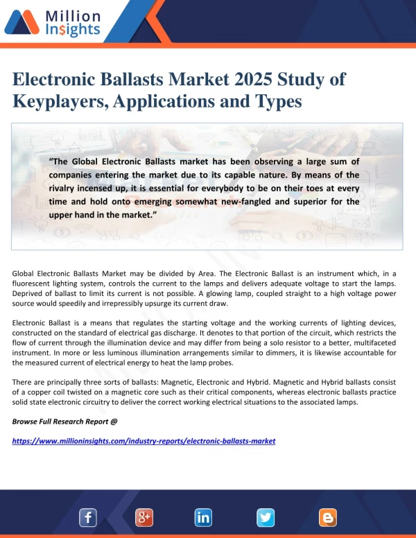 Electronic Ballasts Market 2025 Study of Keyplayers, Applications and Types