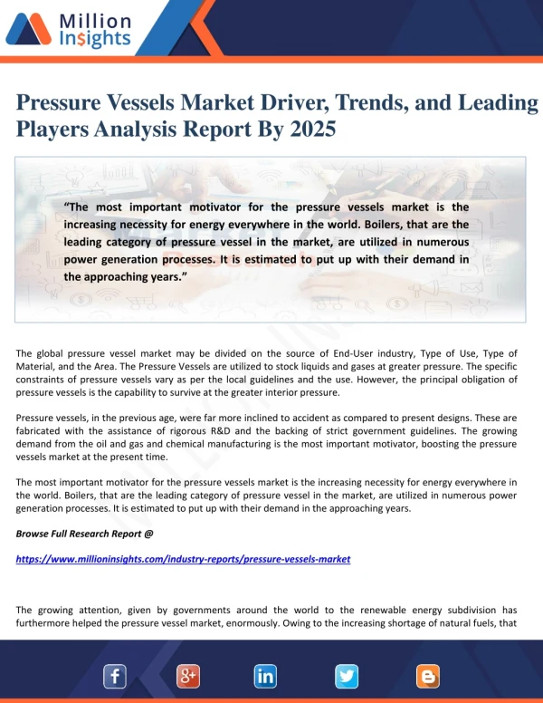 Pressure Vessels Market Driver, Trends, and Leading Players Analysis Report By 2025