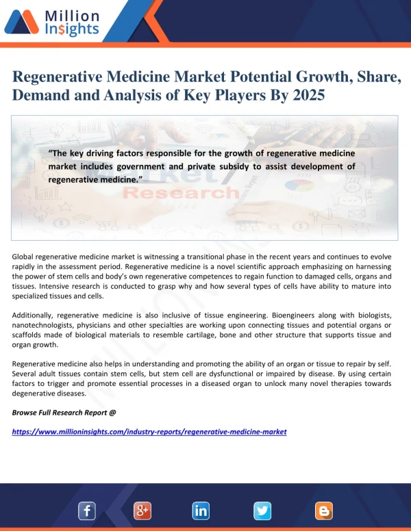 Regenerative Medicine Market Potential Growth, Share, Demand and Analysis of Key Players By 2025