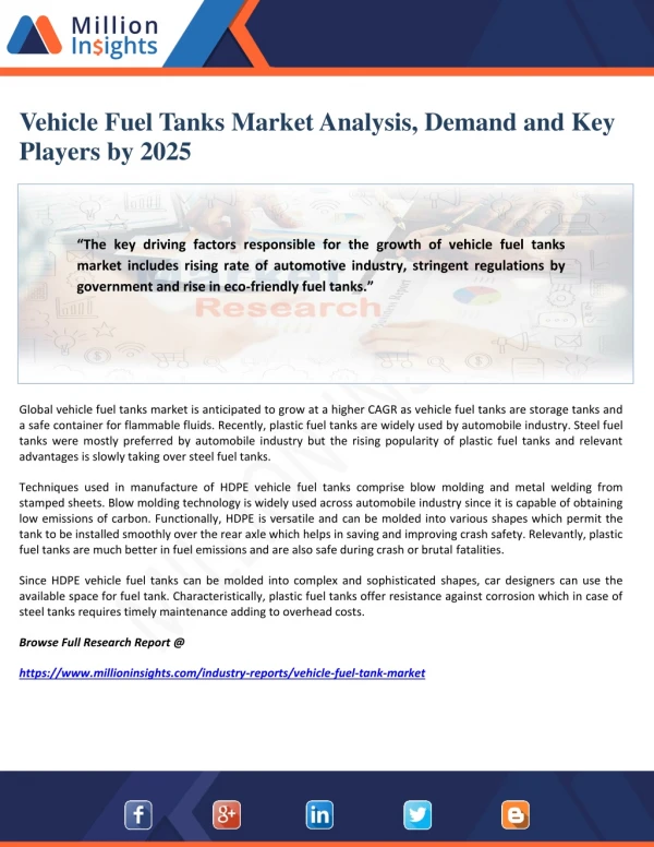 Vehicle Fuel Tanks Market Analysis, Demand and Key Players by 2025