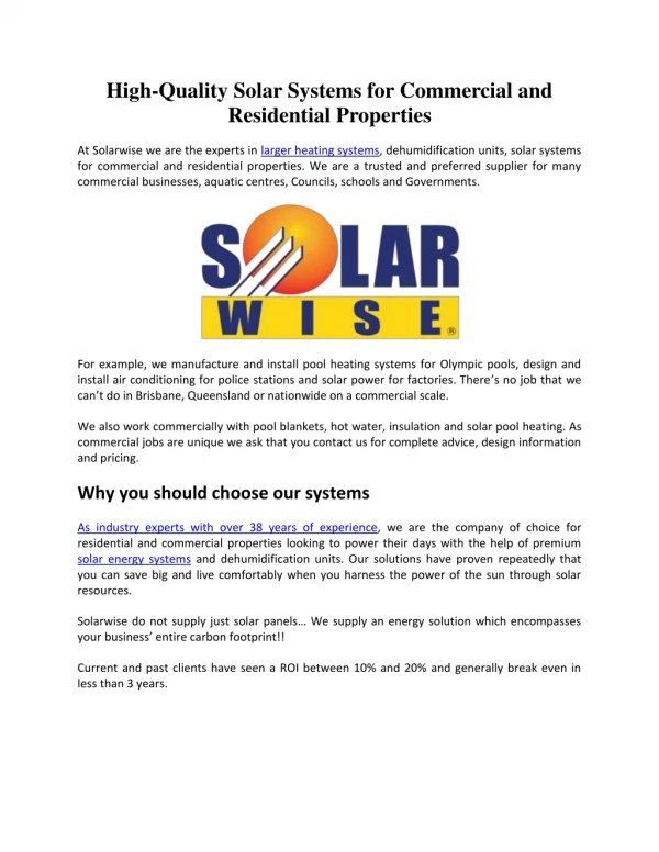 High-Quality Solar Systems for Commercial and Residential Properties
