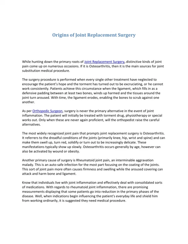Origins of Joint Replacement Surgery