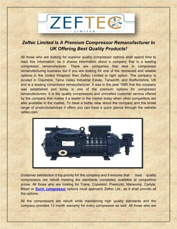Zeftec Limited Is A Premium Compressor Remanufacturer In UK Offering Best Quality Products!