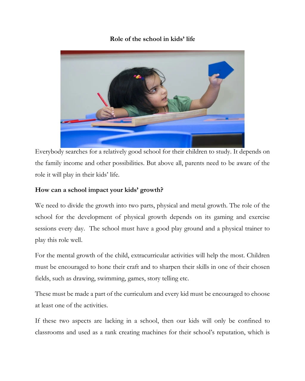 role of the school in kids life