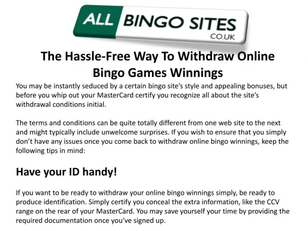 The Hassle-Free Way To Withdraw Online Bingo Games Winnings