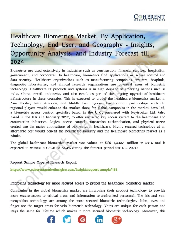 Healthcare Biometrics Market, By Application, Technology, End User, and Geography - Insights, Opportunity Analysis, and