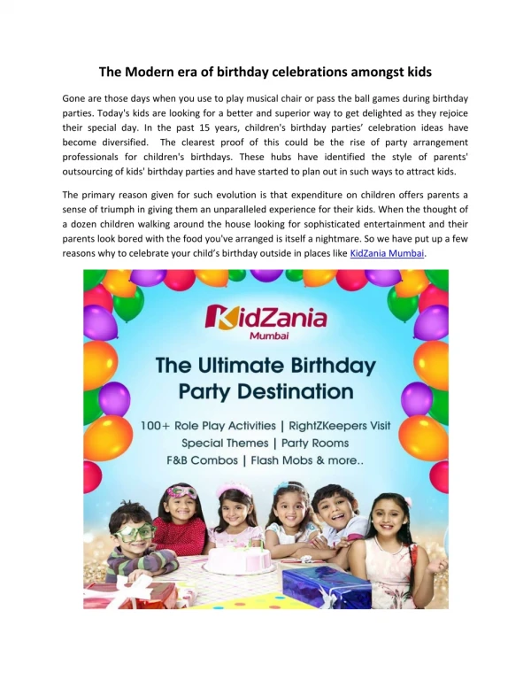 Modern era of birthday celebration amongst kids