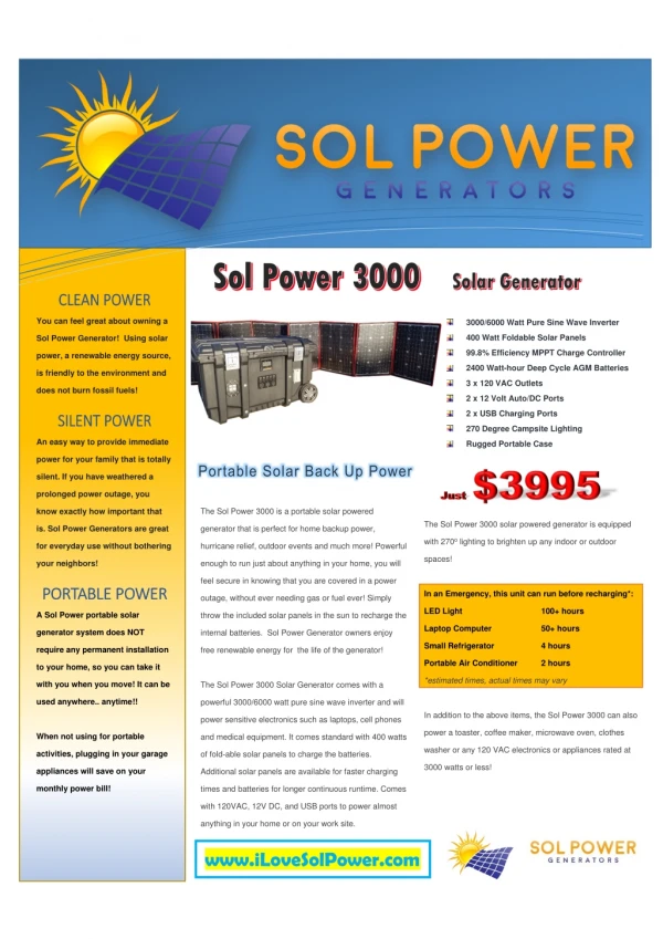 Solar Powered Generator: Sol Power 3000 Product Sheet