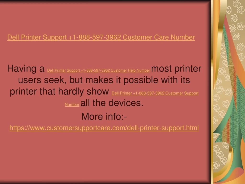 dell printer support 1 888 597 3962 customer care number