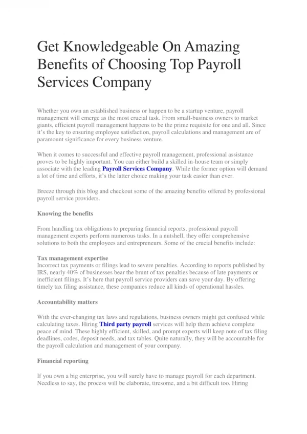 Get Knowledgeable On Amazing Benefits of Choosing Top Payroll Services Company