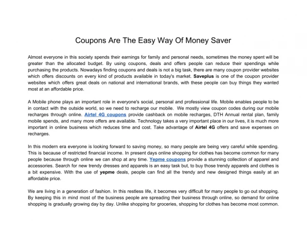 Coupons Are The Easy Way Of Money Saver