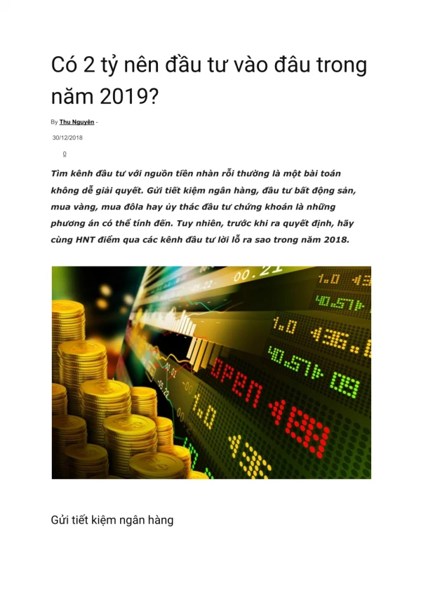 Có 2 tỷ nên đầu tư vào đâu trong năm 2019?
