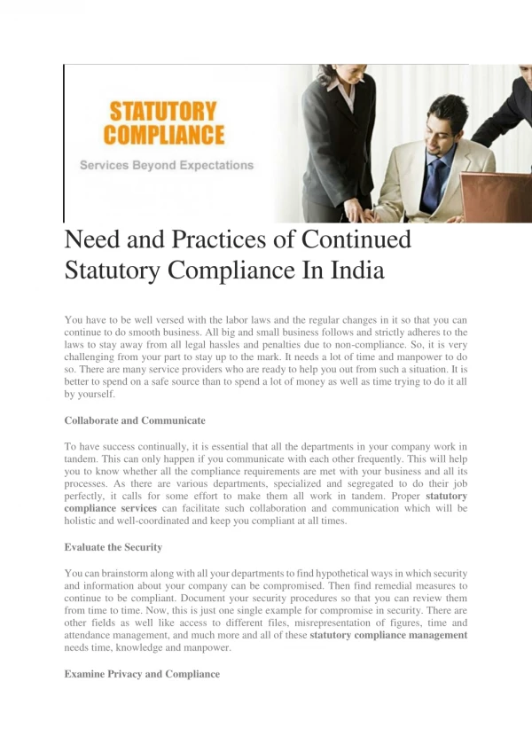 Need and Practices of Continued Statutory Compliance In India