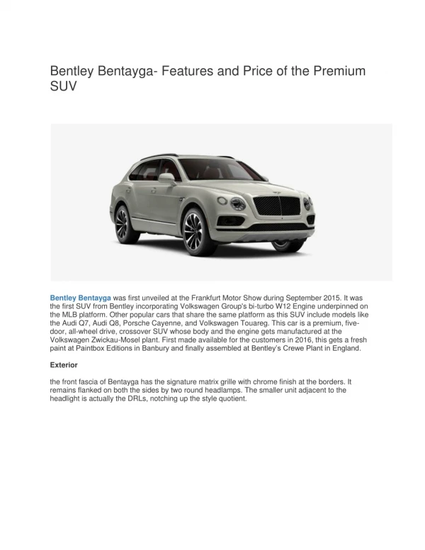 Bentley Bentayga- Features and Price of the Premium SUV