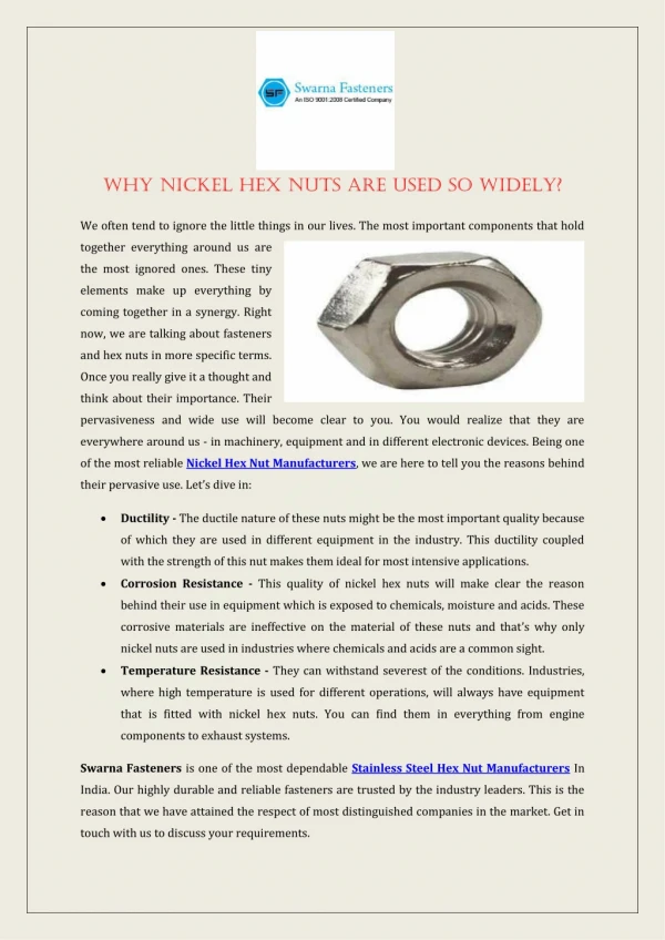 Why Nickel Hex Nuts Are Used So Widely?