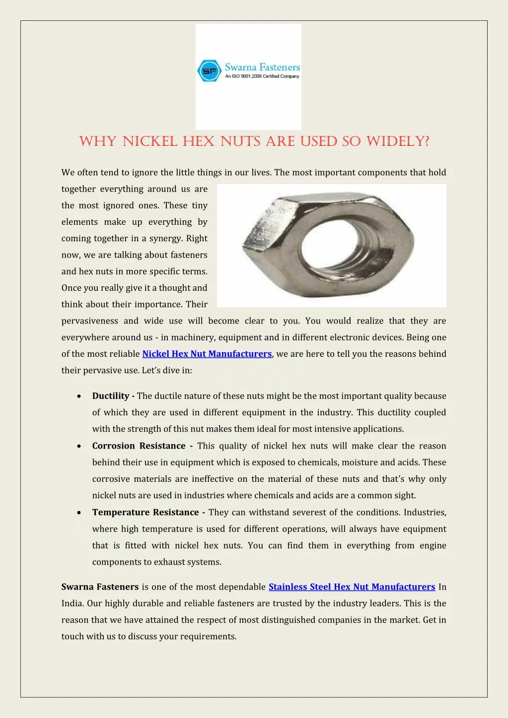 why nickel hex nuts are used so widely