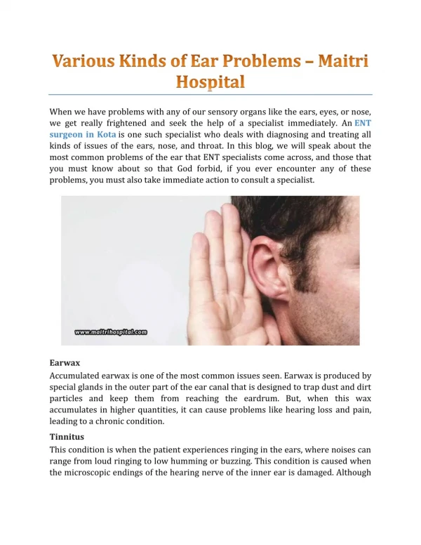 Various Kinds Of Ear Problems - Maitri Hospital Kota