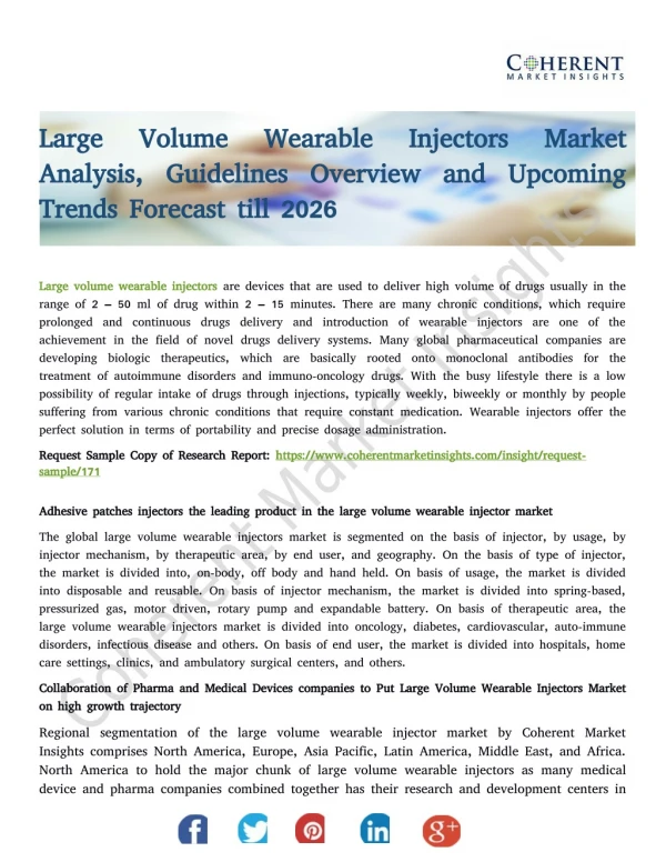 Large Volume Wearable Injectors Market Analysis, Guidelines Overview and Upcoming Trends Forecast till 2026