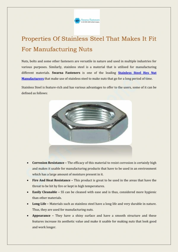 Properties Of Stainless Steel That Makes It Fit For Manufacturing Nuts