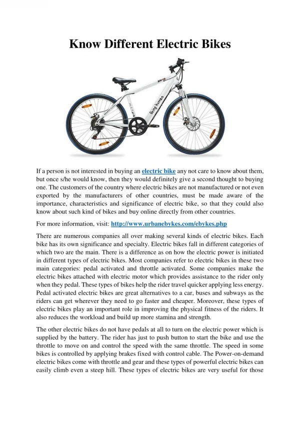 Know Different Electric Bikes
