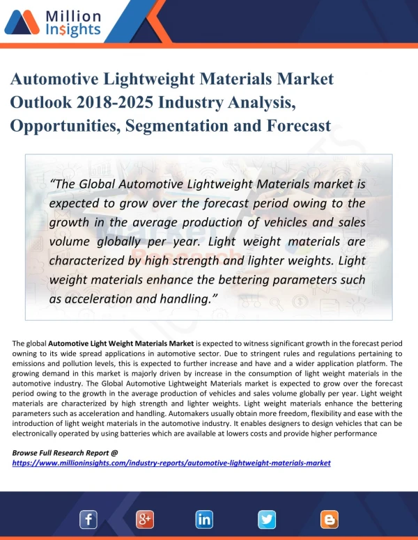 Automotive Lightweight Materials Market - Industry Analysis, Size, Share, Growth, Trends and Forecast 2018 - 2025