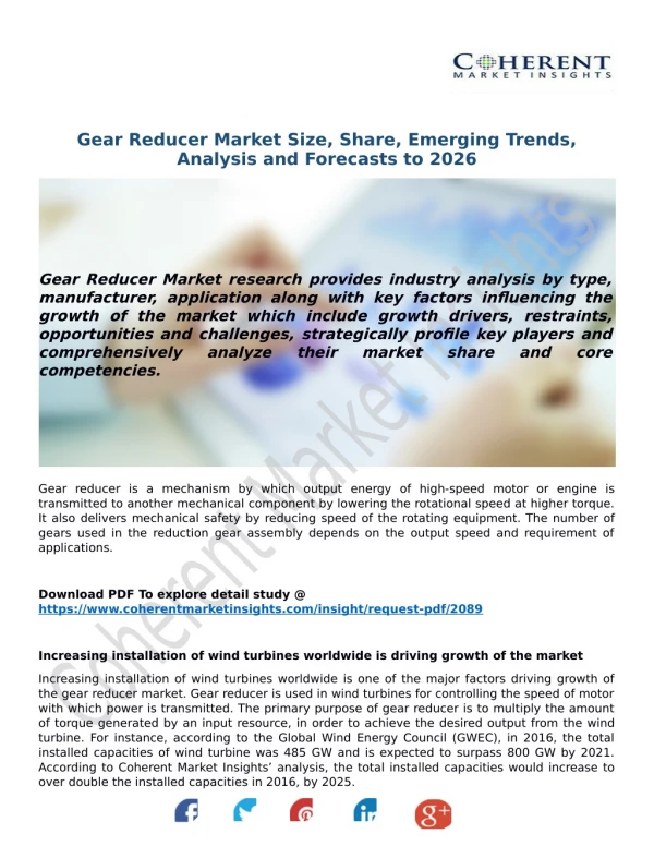 Gear Reducer Market Size, Share, Emerging Trends, Analysis and Forecasts to 2026