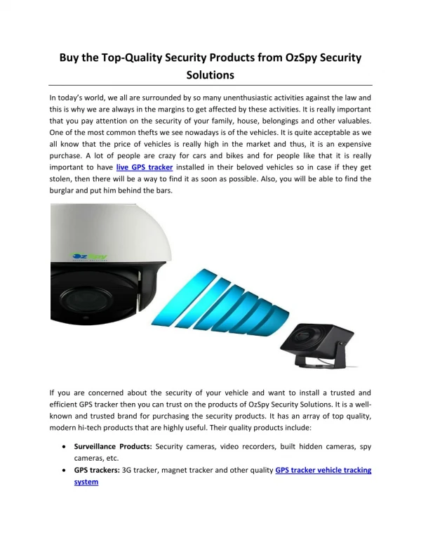 Buy the Top-Quality Security Products from OzSpy Security Solutions