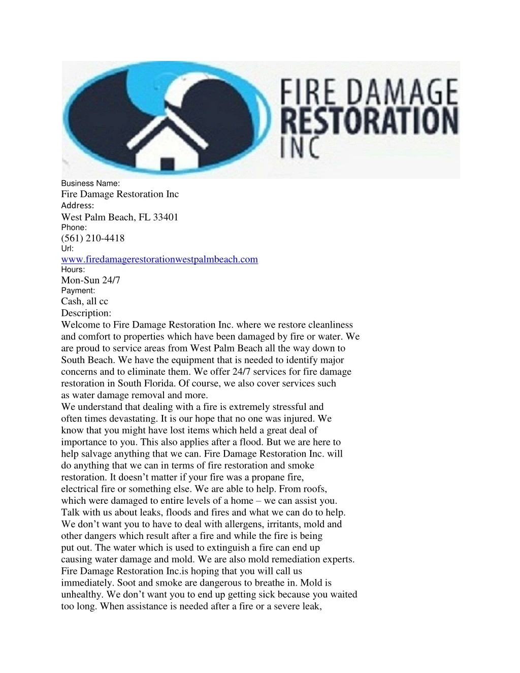 business name fire damage restoration inc address