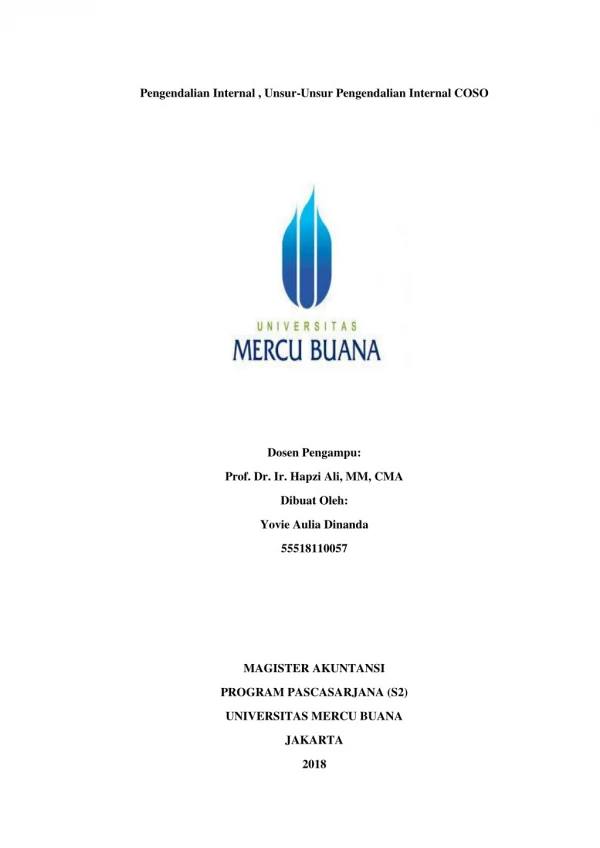 3, SI & PI Yovie Aulia Dinanda, Hapzi Ali, Pengendalian Internal, Unsur-Unsur Pengendalian Internal COSO, Universitas Me