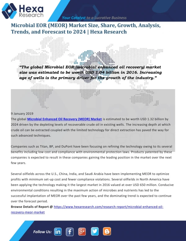 Microbial EOR (MEOR) Market Research - Industry Analysis and Forecast to 2024