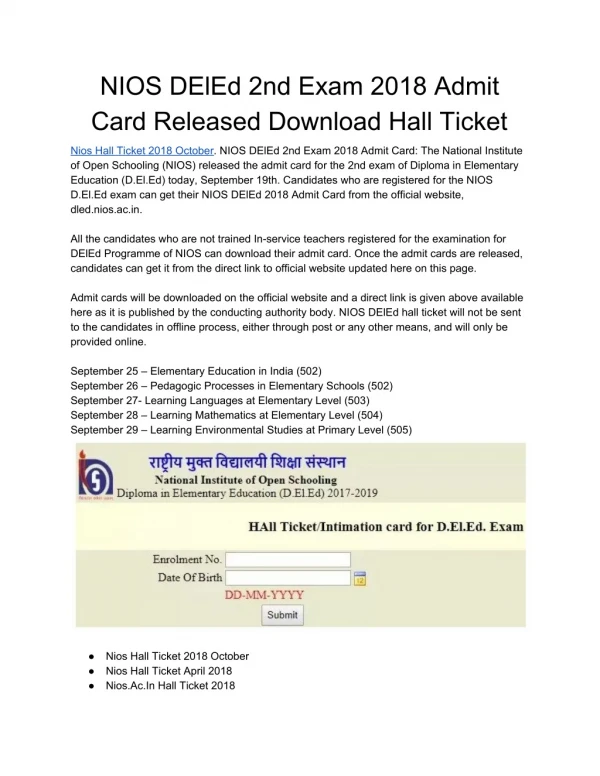 NIOS DElEd 2nd Exam 2018 Admit Card Released Download Hall Ticket