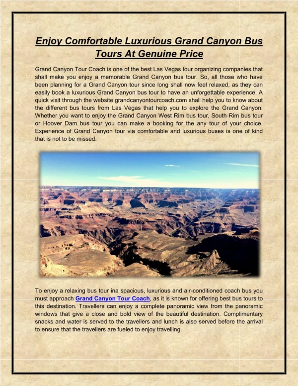 Enjoy Comfortable Luxurious Grand Canyon Bus Tours At Genuine Price