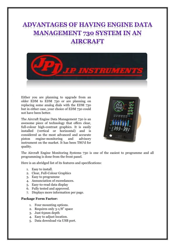 ADVANTAGES OF HAVING ENGINE DATA MANAGEMENT 730 SYSTEM IN AN AIRCRAFT