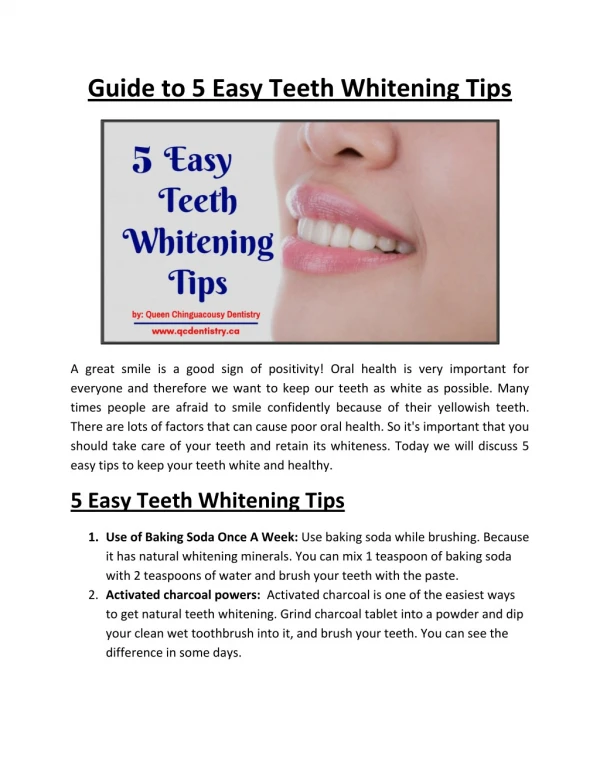 5 Easy Teeth Whitening Tips by Queen Chinguacousy Dentistry