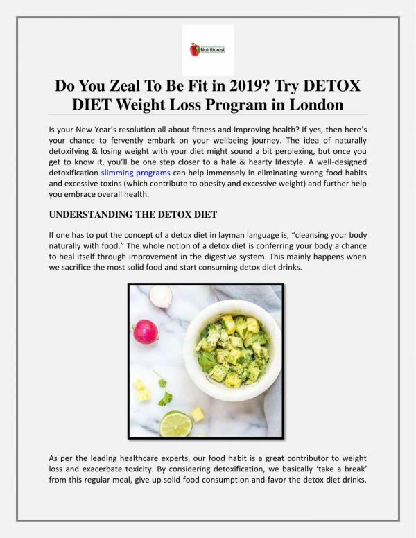 Do You Zeal To Be Fit in 2019? Try DETOX DIET Weight Loss Program in London