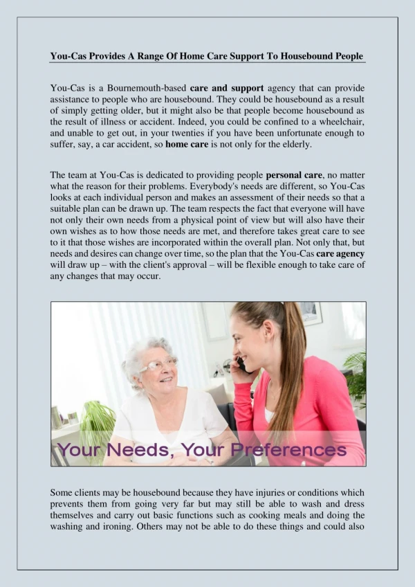 You-Cas Provides A Range Of Home Care Support To Housebound People