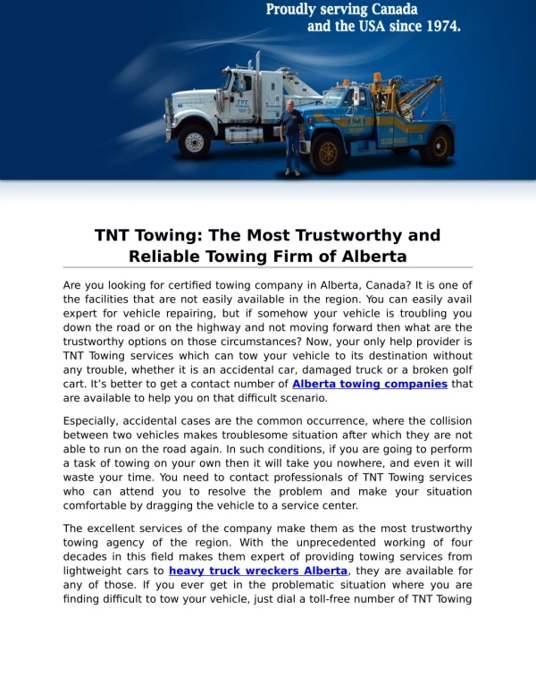 TNT Towing: The Most Trustworthy and Reliable Towing Firm of Alberta