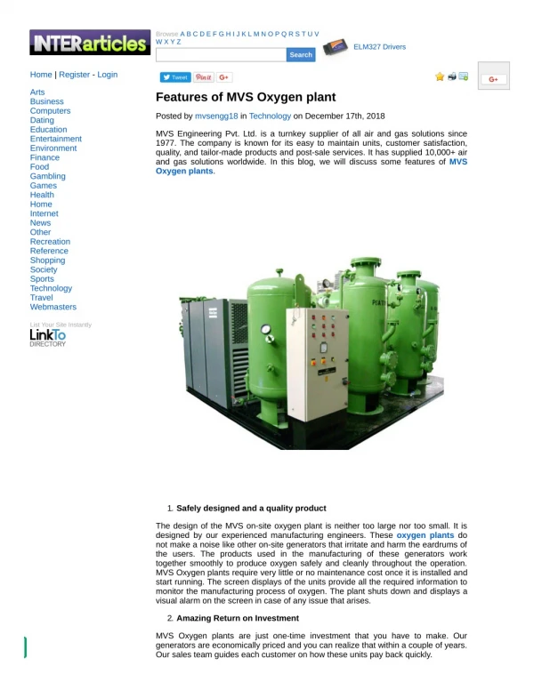 Features of MVS Oxygen plant