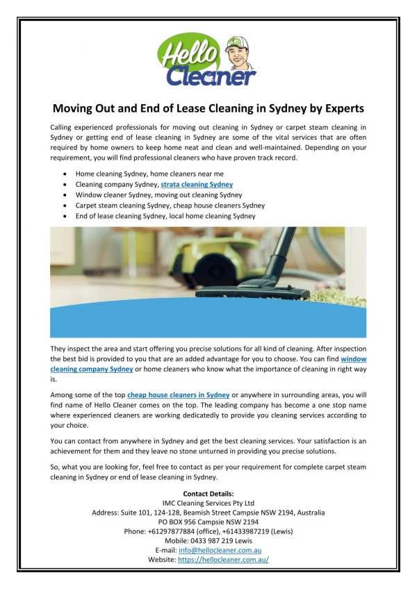 Moving Out and End of Lease Cleaning in Sydney by Experts