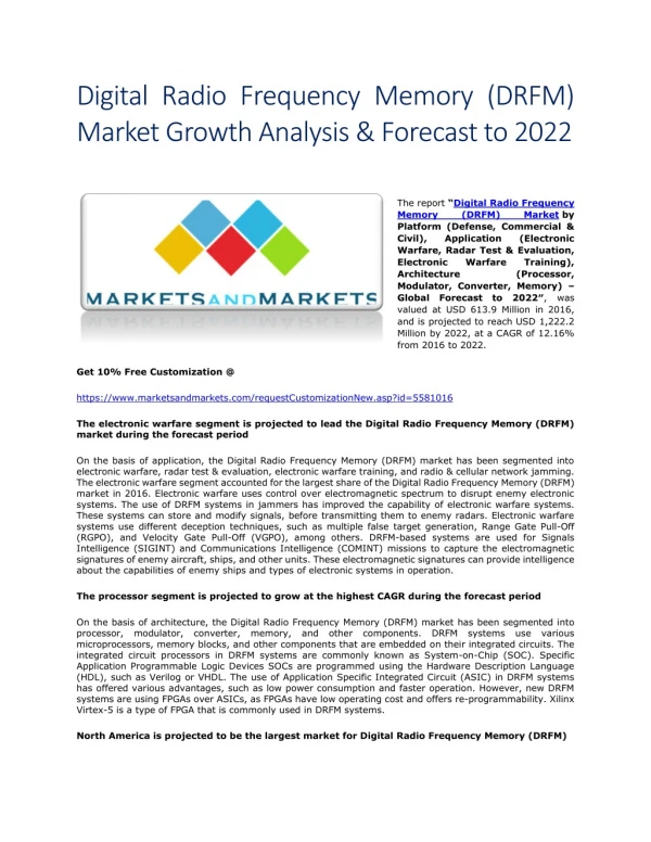 Digital Radio Frequency Memory (DRFM) Market Growth Analysis & Forecast to 2022