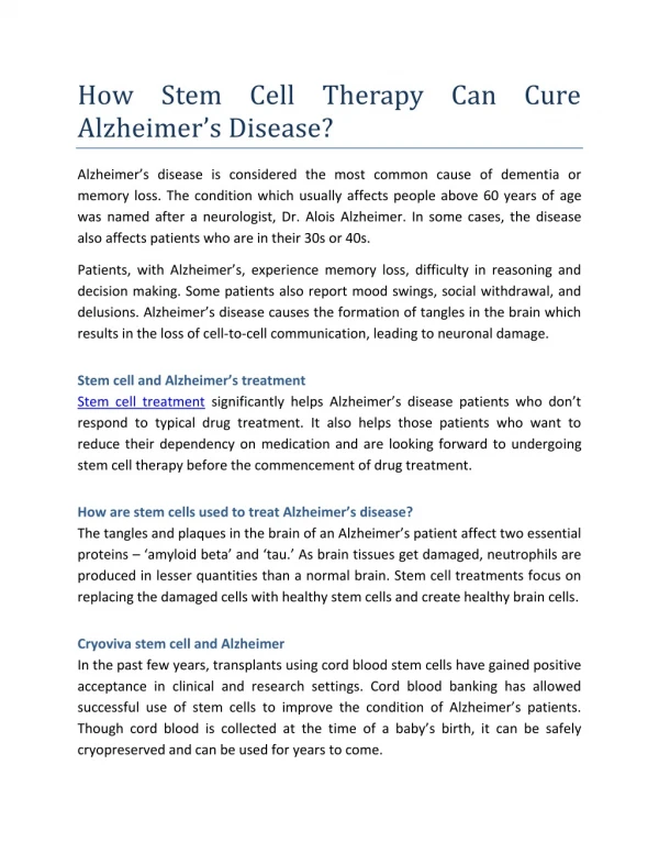 How Stem Cell Therapy Can Cure Alzheimer’s Disease?