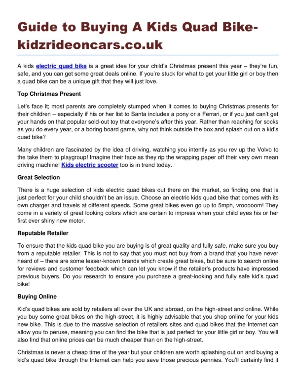Guide to Buying A Kids Quad Bikekidzrideoncars. co.uk