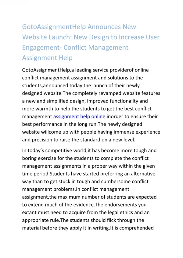 GotoAssignmentHelp Announces New Website Launch: New Design to Increase User Engagement- Conflict Management Assignment