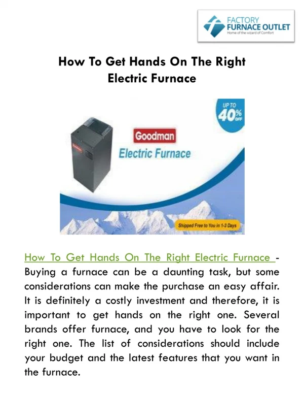 How To Get Hands On The Right Electric Furnace?